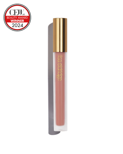 Soft beige Fawn liquid lip colour with gold cap on a white background, featuring a CEW Beauty Award Winner 2024 badge.