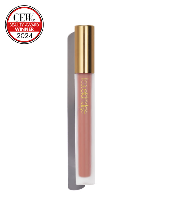 Soft beige Fawn liquid lip colour with gold cap on a white background, featuring a CEW Beauty Award Winner 2024 badge.
