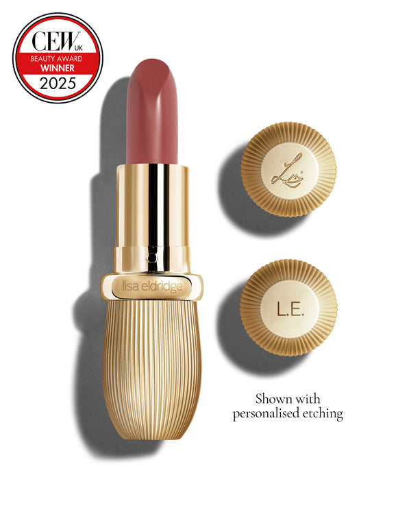 Cool mauve coloured lipstick with gold vintage-style casing and 'Lisa Eldridge' branding on a white background, featuring a CEW Beauty Award 2025 badge.