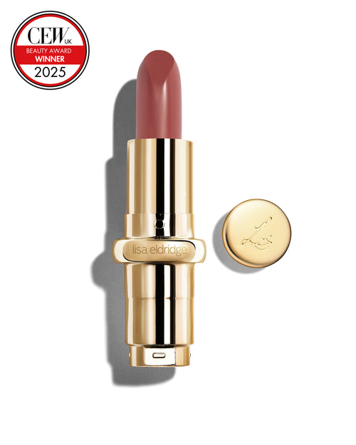 Mauve berry coloured lipstick with gold casing and 'Lisa Eldridge' branding on a white background, featuring a CEW Beauty Award 2025 badge.