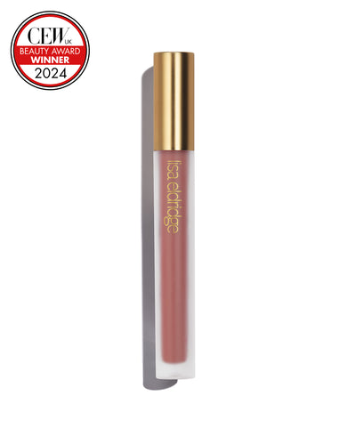 Smokey rosewood liquid lip colour with gold cap on a white background, featuring a CEW Beauty Award Winner 2024 badge.