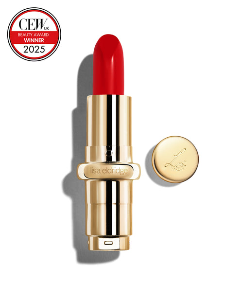 Pillar-box red coloured lipstick with gold casing and 'Lisa Eldridge' branding on a white background, featuring a CEW Beauty Award 2025 badge.