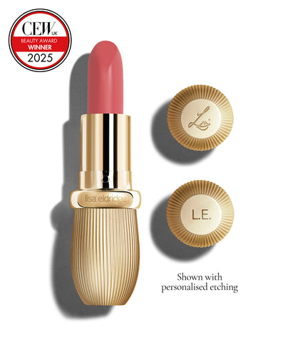 Light warm-pink coloured lipstick with gold vintage-style casing and 'Lisa Eldridge' branding on a white background, featuring a CEW Beauty Award 2025 badge.