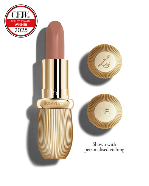 Neutral beige coloured lipstick with gold vintage-style casing and 'Lisa Eldridge' branding on a white background, featuring a CEW Beauty Award 2025 badge.