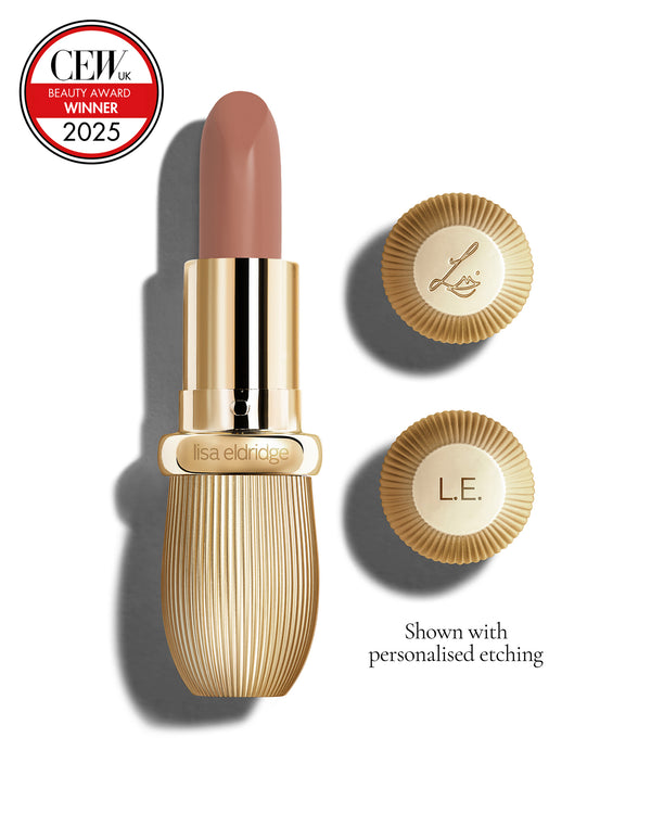 Neutral beige coloured lipstick with gold vintage-style casing and 'Lisa Eldridge' branding on a white background, featuring a CEW Beauty Award 2025 badge.