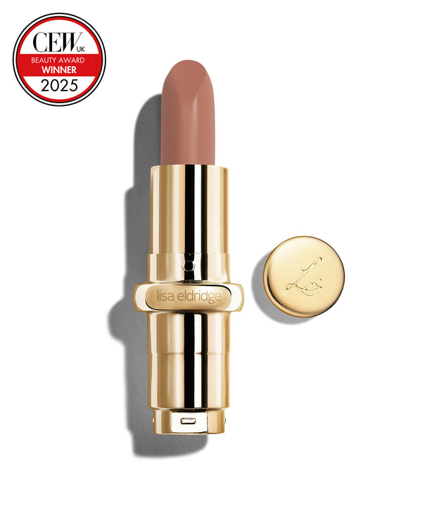 Neutral-beige coloured lipstick with gold casing and 'Lisa Eldridge' branding on a white background, featuring a CEW Beauty Award 2025 badge.