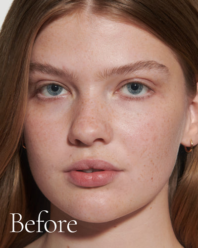 before2 block  Close up portrait of model before wearing Tint with text stating 'Before'