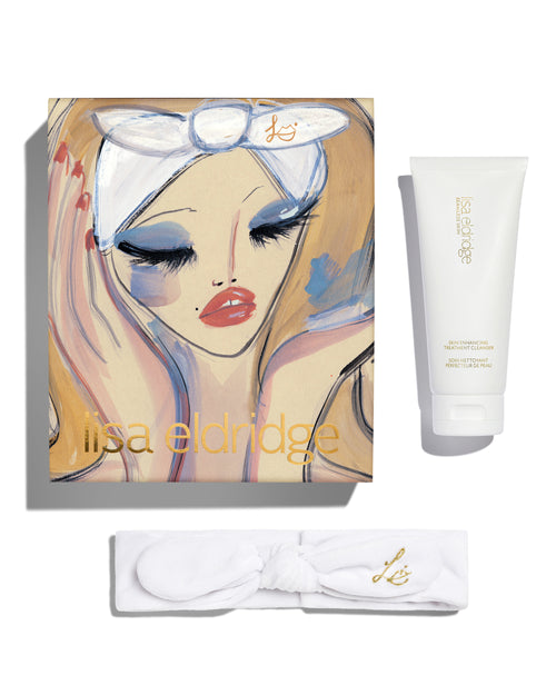 Blairz x Lisa Eldridge beauty product set with a cleansing model art design and white bottle of Cleanser and Lisa Monogrammed headband.