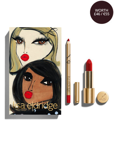block Blairz x Lisa Eldridge Holiday Ribbon Kit packaging with a pouting model art design, alongside a Lisa Eldridge Enhance and Define Pencil and Velvet Lip Colour in shade Ribbon