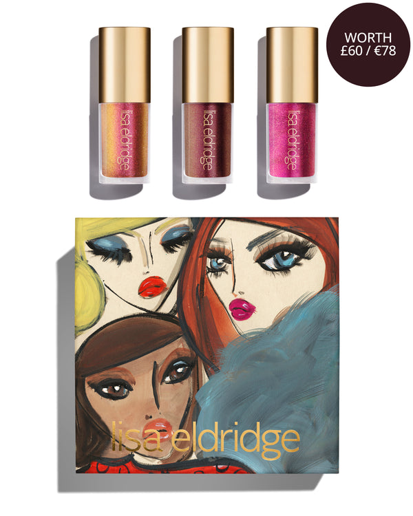 Blairz x Lisa Eldridge Sequin Suite Kit packaging with model art design, alongside three Gloss Embrace Sequins in new shades: Chameleon Chaos, Kensignton Plum, Peek-A-Boo