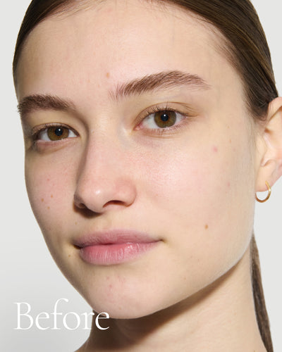 before1 block Close up portrait of model before wearing Tint with text stating 'Before'