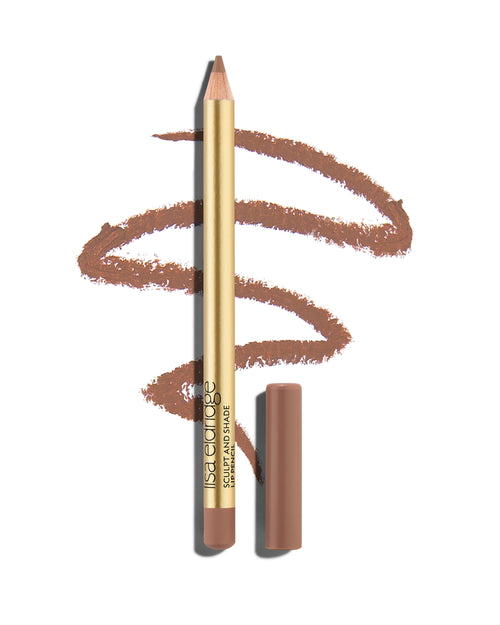 block Neutral 'greige' lip pencil with gold barrel and shade-matching cap, shown with a shade swatch behind, demonstrating the product's tones and texture.