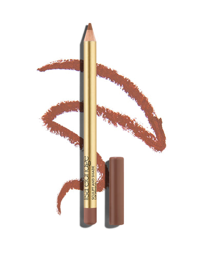 block Clay brown lip pencil with gold barrel and shade-matching cap, shown with a shade swatch behind, demonstrating the product's tones and texture.