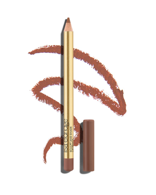 block Clay brown lip pencil with gold barrel and shade-matching cap, shown with a shade swatch behind, demonstrating the product's tones and texture.