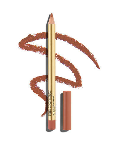 block Peachy tan lip pencil with gold barrel and shade-matching cap, shown with a shade swatch behind, demonstrating the product's tones and texture.