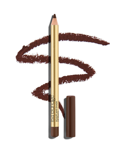block Deep brown lip pencil with gold barrel and shade-matching cap, shown with a shade swatch behind, demonstrating the product's tones and texture.