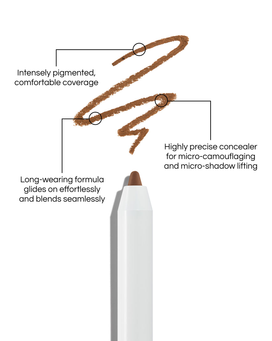 Close up of Pinpoint® Concealer with cream pencil tip, shown with a shade swatch, demonstrating the product's tones and texture, with text: Intensely pigmented, comfortable coverage. Long-wearing formular glides on effortlessly and blends seamlessly. Highly precise concealer for micro-camouflaging and micro-shado lifting.