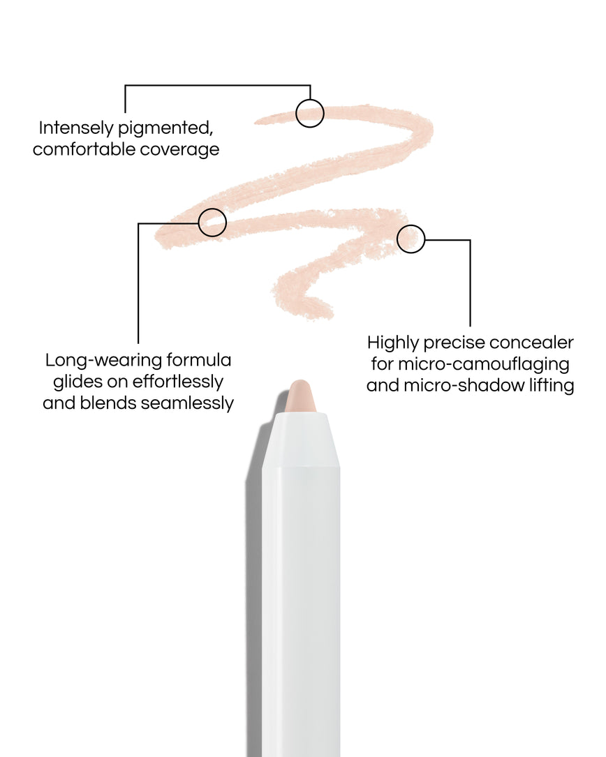 Close up of Pinpoint® Concealer with cream pencil tip, shown with a shade swatch, demonstrating the product's tones and texture, with text: Intensely pigmented, comfortable coverage. Long-wearing formular glides on effortlessly and blends seamlessly. Highly precise concealer for micro-camouflaging and micro-shado lifting.
