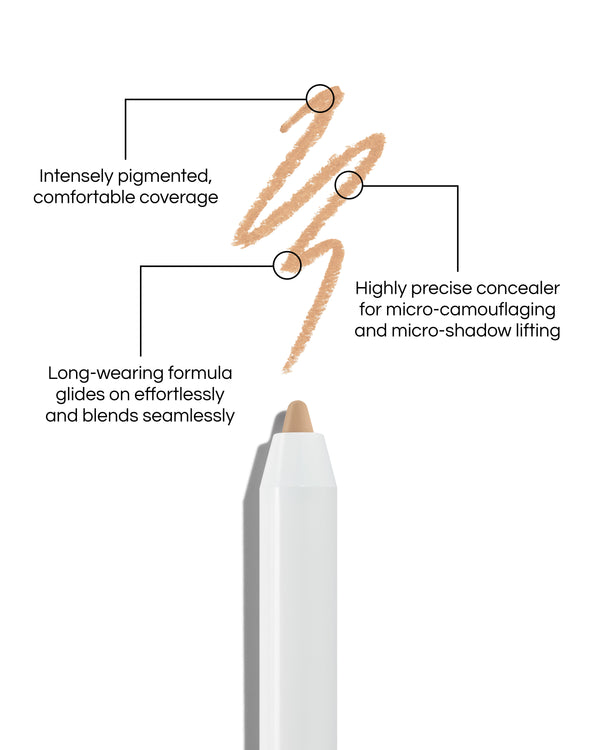 Close up of Pinpoint® Concealer with cream pencil tip, shown with a shade swatch, demonstrating the product's tones and texture, with text: Intensely pigmented, comfortable coverage. Long-wearing formular glides on effortlessly and blends seamlessly. Highly precise concealer for micro-camouflaging and micro-shado lifting.