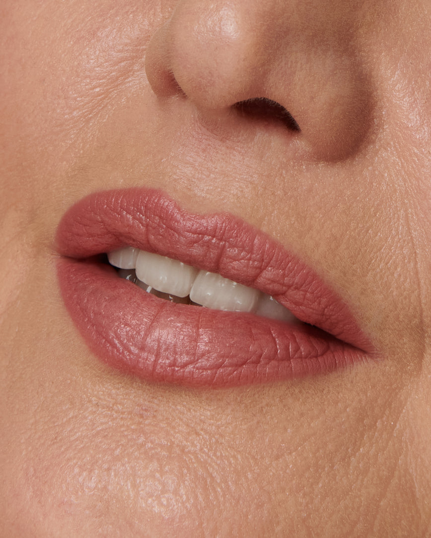 Extreme close up of model's lips, wearing the 1C Sculpt and Shade Lip Pencil