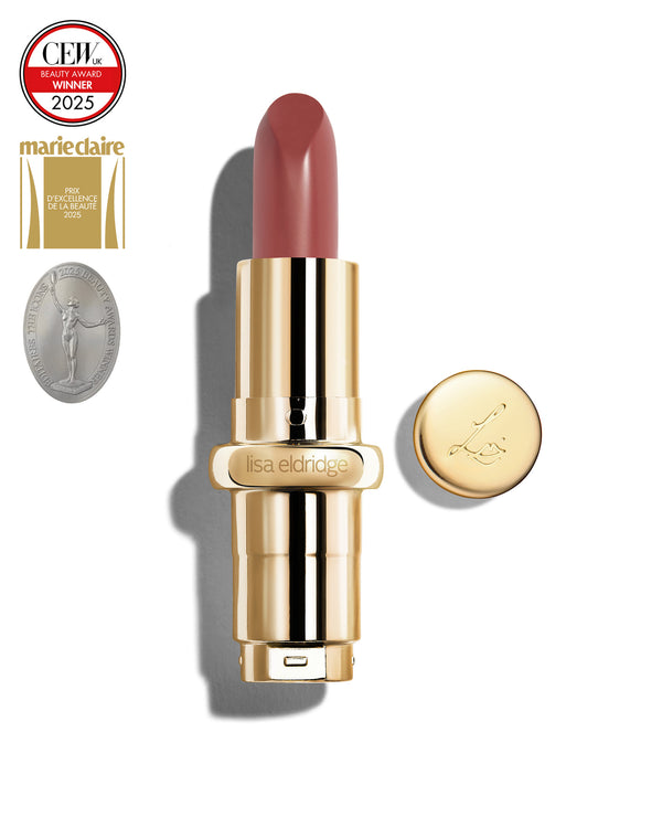 Mauve berry coloured lipstick with gold casing and 'Lisa Eldridge' branding on a white background, featuring a CEW Beauty Award 2025 badge.