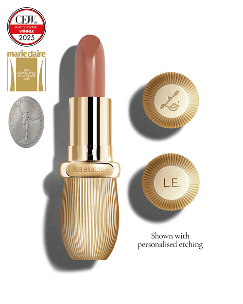Tawny caramel coloured lipstick with gold vintage-style casing and 'Lisa Eldridge' branding on a white background, featuring a CEW Beauty Award 2025 badge.