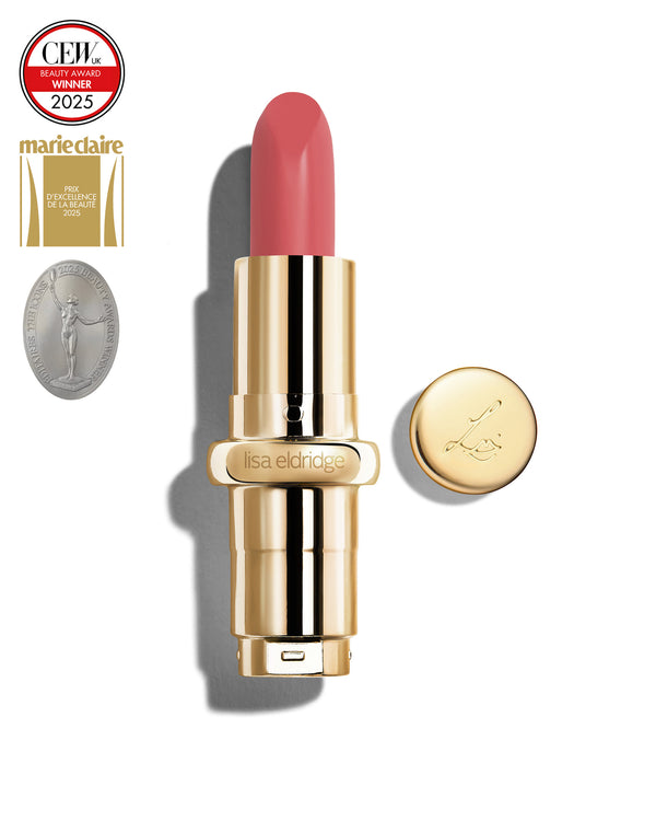 Warm pink coloured lipstick with gold casing and 'Lisa Eldridge' branding on a white background, featuring a CEW Beauty Award 2025 badge.
