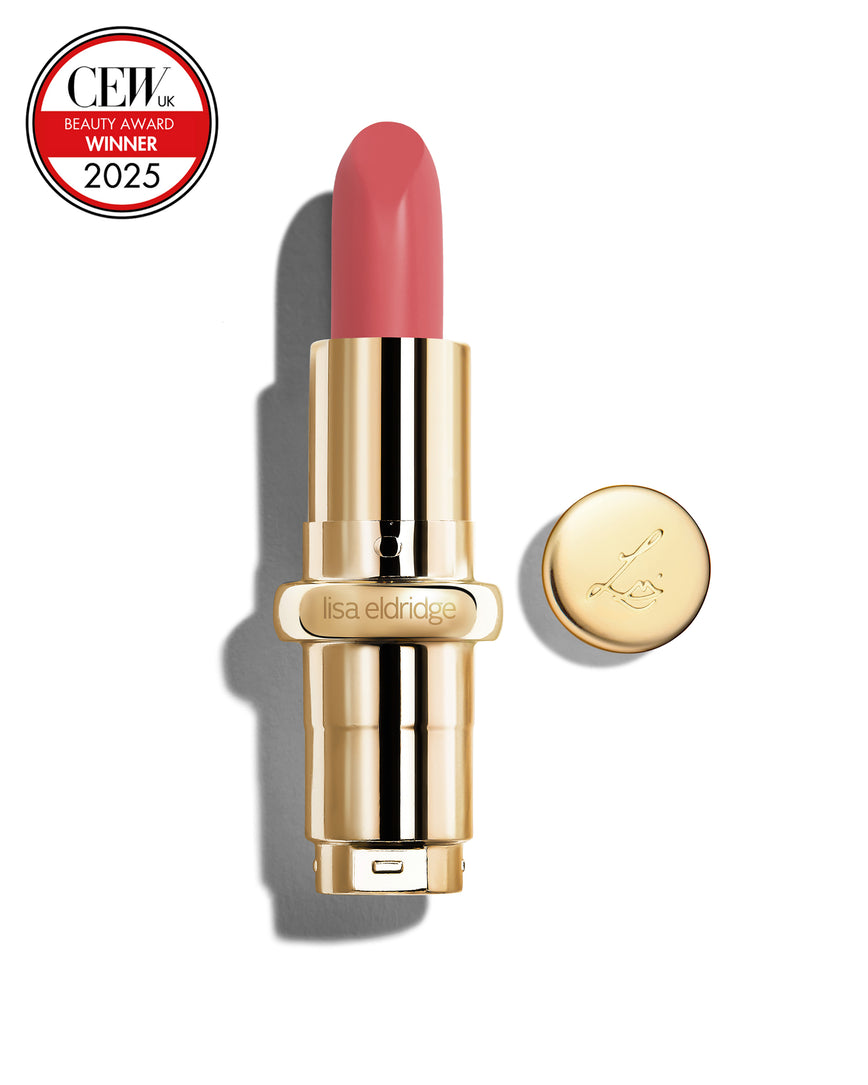Warm pink coloured lipstick with gold casing and 'Lisa Eldridge' branding on a white background, featuring a CEW Beauty Award 2025 badge.
