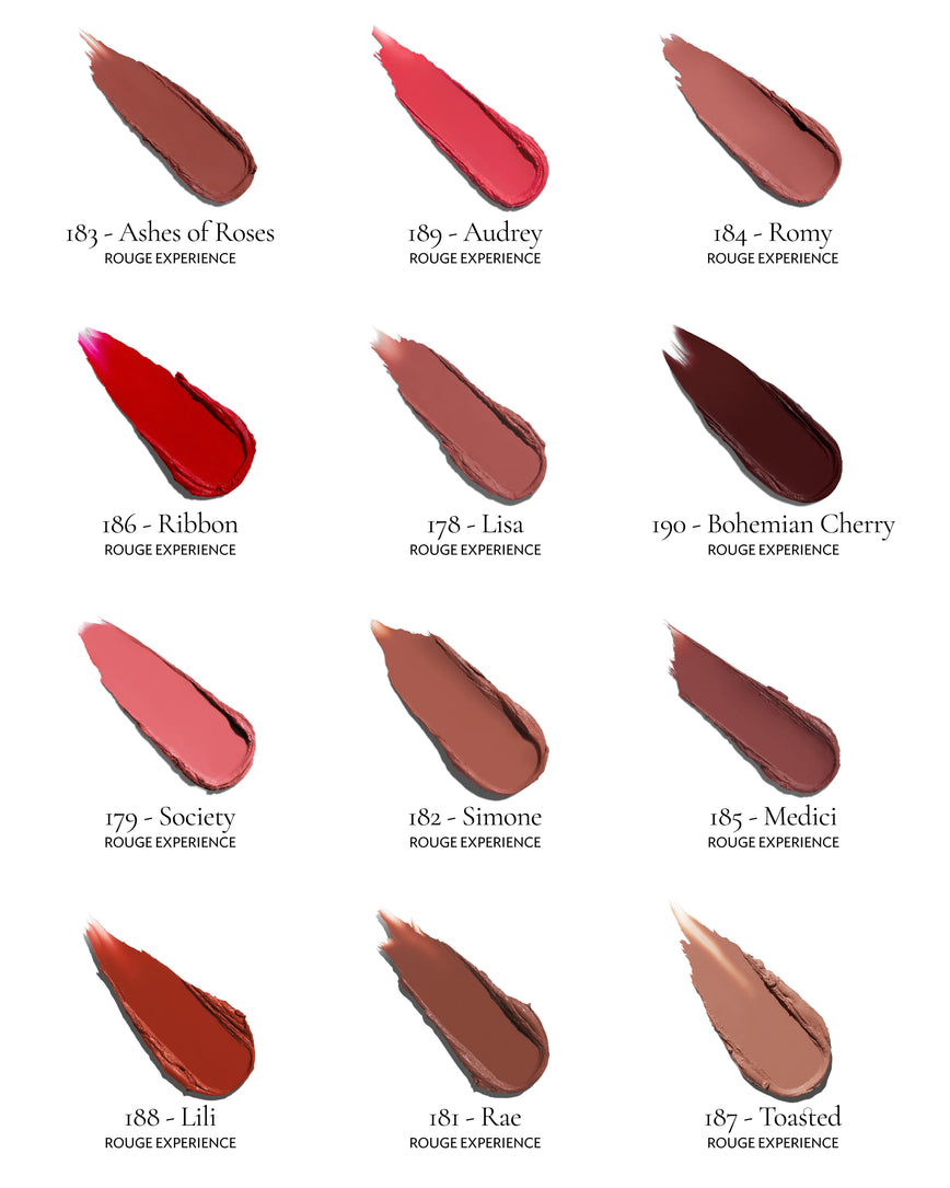 Full display of the Rouge Experience Collection's lipstick's swatches, to show all colours and textures available. On a white background, with the names of each shade. 12 Shades in total.