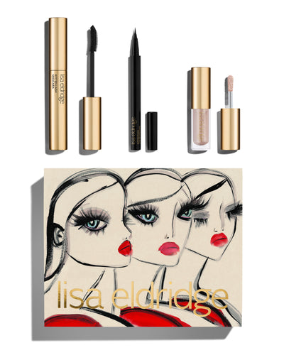 Blairz x Lisa Eldridge Kitten Eye Twin Set and Pearls Kit packaging with a pouting model art design, alongside a Lisa Eldridge Kitten Lash and Flick in Black and Liquid Lurex in Cressida