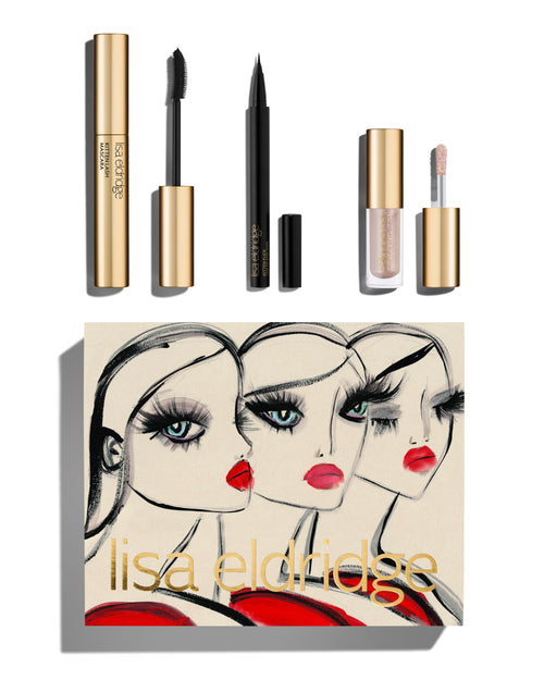 Blairz x Lisa Eldridge Kitten Eye Twin Set and Pearls Kit packaging with a pouting model art design, alongside a Lisa Eldridge Kitten Lash and Flick in Black and Liquid Lurex in Cressida