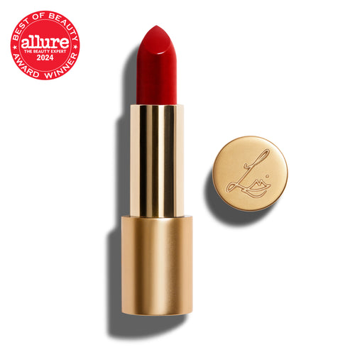 A red lip colour product with a gold-tone cap and tube, labeled 'Lisa's Award Winning Lipstick' and 'Best of Beauty 2024'.