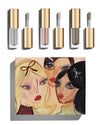 Blairz x Lisa Eldridge Mirror Ball Eye Kit packaging with a pouting model art design, alongside three Lisa Eldridge Liquid Lurex Eyeshadows, in 3 new shades: cool-silver Selena, cool-pink Rosalie, and pewter Aria