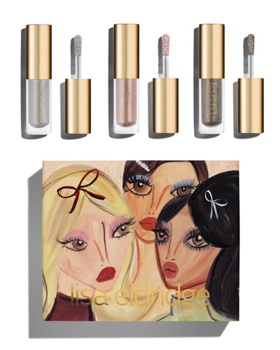 Blairz x Lisa Eldridge Mirror Ball Eye Kit packaging with a pouting model art design, alongside three Lisa Eldridge Liquid Lurex Eyeshadows, in 3 new shades: cool-silver Selena, cool-pink Rosalie, and pewter Aria