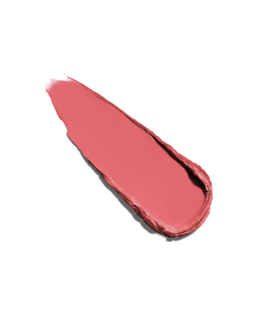Light, warm pink Society swatch, lipstick swipe to display the shade and texture, on a white background
