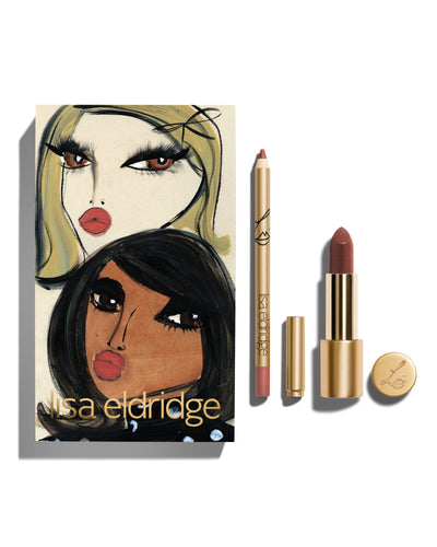 block Blairz x Lisa Eldridge Holiday Muse Kit packaging with a pouting model art design, alongside a Lisa Eldridge Enhance and Define Pencil and Velvet Lip Colour in shade Muse