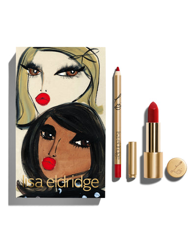 block Blairz x Lisa Eldridge Holiday Ribbon Kit  packaging with a pouting model art design, alongside a Lisa Eldridge Enhance and Define Pencil and Velvet Lip Colour in shade Ribbon