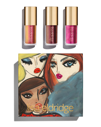 Blairz x Lisa Eldridge Sequin Suite Kit packaging with model art design, alongside three Gloss Embrace Sequins in new shades: Chameleon Chaos, Kensignton Plum, Peek-A-Boo 