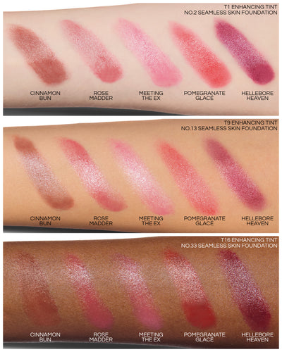 Swatches on Velatura Balm, displaying text corresponding the shades to the swatches, on 3 different skin tones.