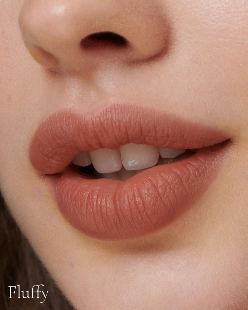 Lisa Eldridge Velveteen Liquid Lip Colour in Shade Affair Pictured on Close Up Lips - with a fluffy finish