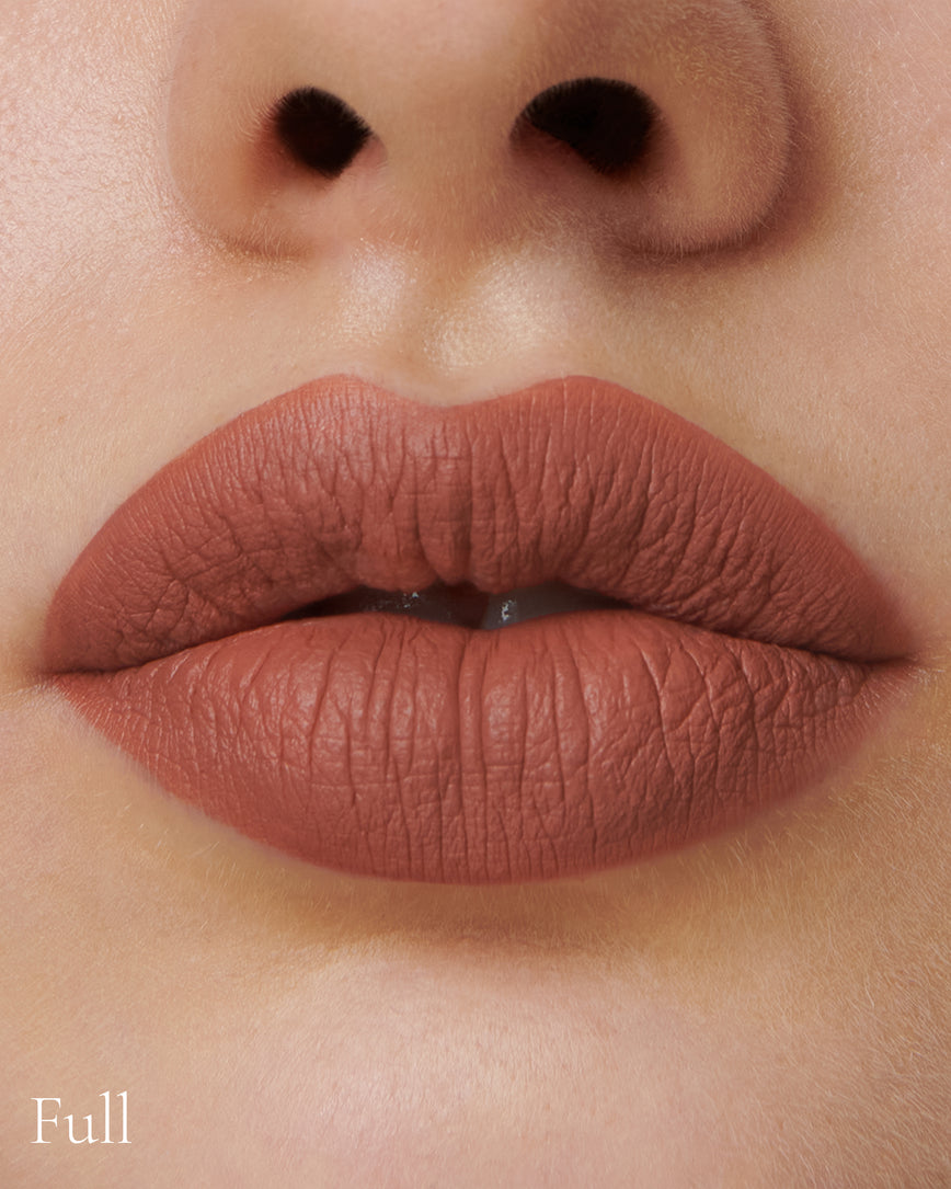 Lisa Eldridge Velveteen Liquid Lip Colour in Shade Affair Pictured on Close Up Lips - with a full finish