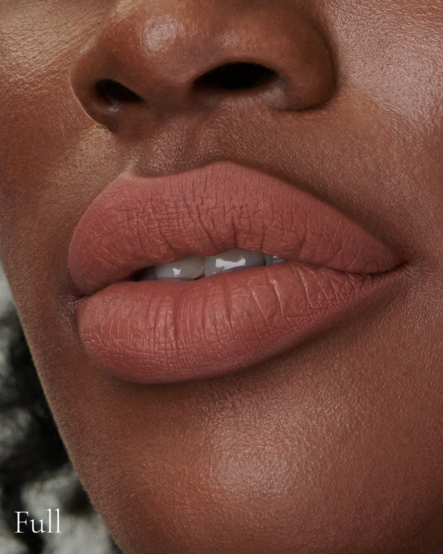 Lisa Eldridge Velveteen Liquid Lip Colour in Shade Affair Pictured on Close Up Lips - with a full finish