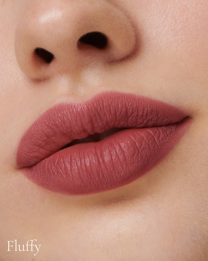 Lisa Eldridge Velveteen Liquid Lip Colour in Shade Blush Pictured on Close Up Lips - with a fluffy finish