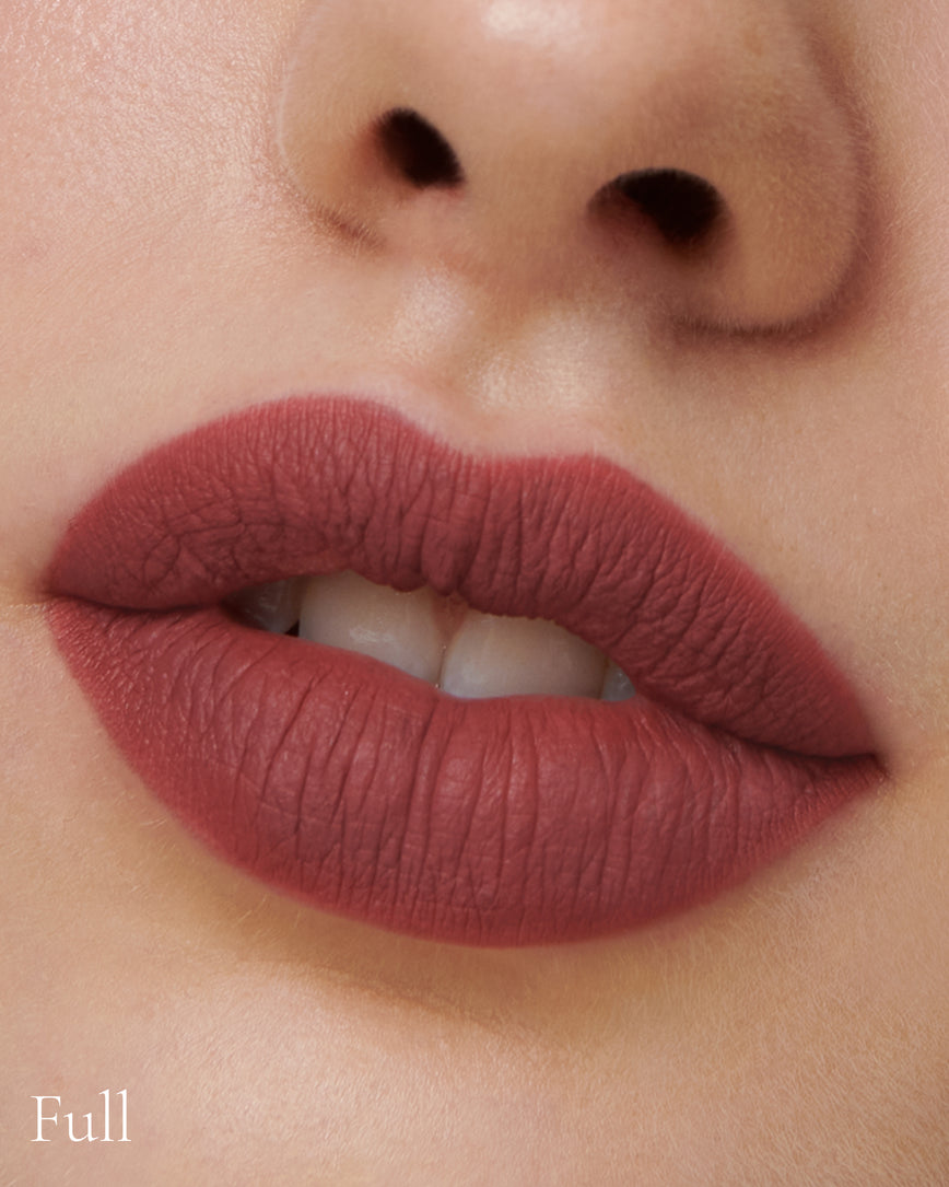 Lisa Eldridge Velveteen Liquid Lip Colour in Shade Blush Pictured on Close Up Lips - with a full finish