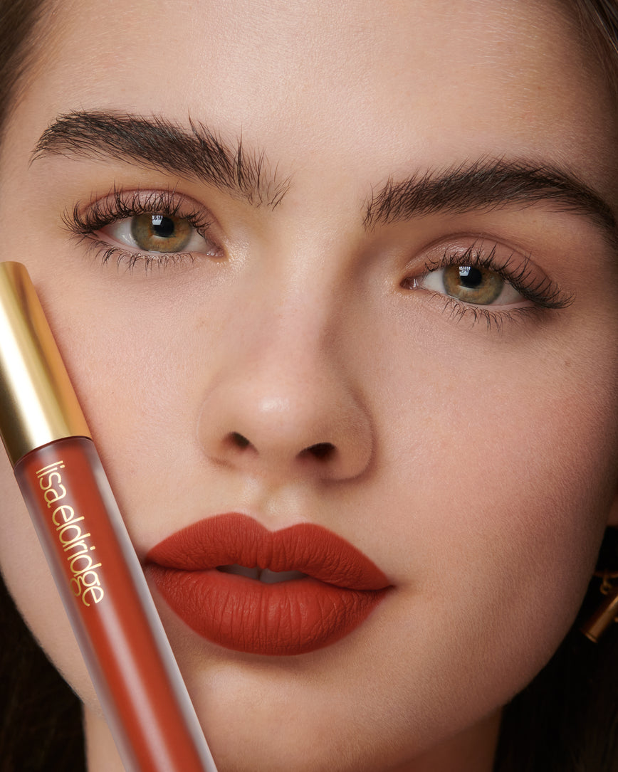 Lisa Eldridge Velveteen Liquid Lip Colour in Shade Dragon on Model