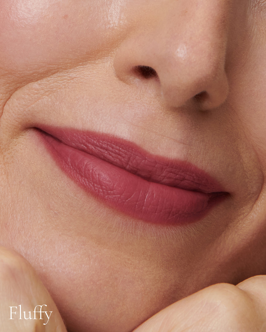 Lisa Eldridge Velveteen Liquid Lip Colour in Shade Blush Pictured on Close Up Lips - with a fluffy finish