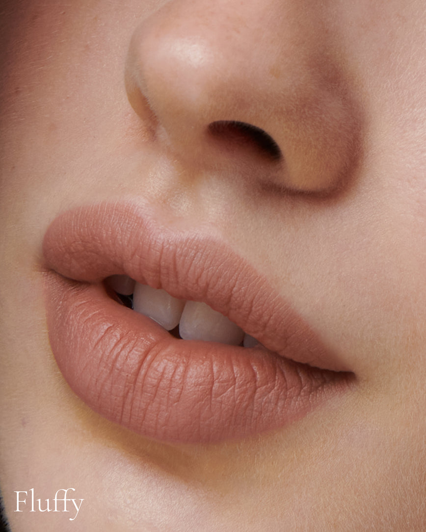 Lisa Eldridge Velveteen Liquid Lip Colour in Shade Fawn Pictured on Close Up Lips - with a fluffy finish
