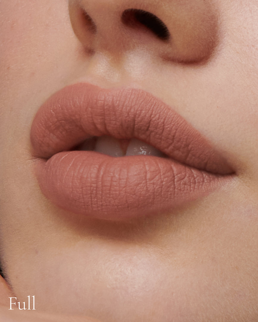 Lisa Eldridge Velveteen Liquid Lip Colour in Shade Fawn Pictured on Close Up Lips - with a full finish