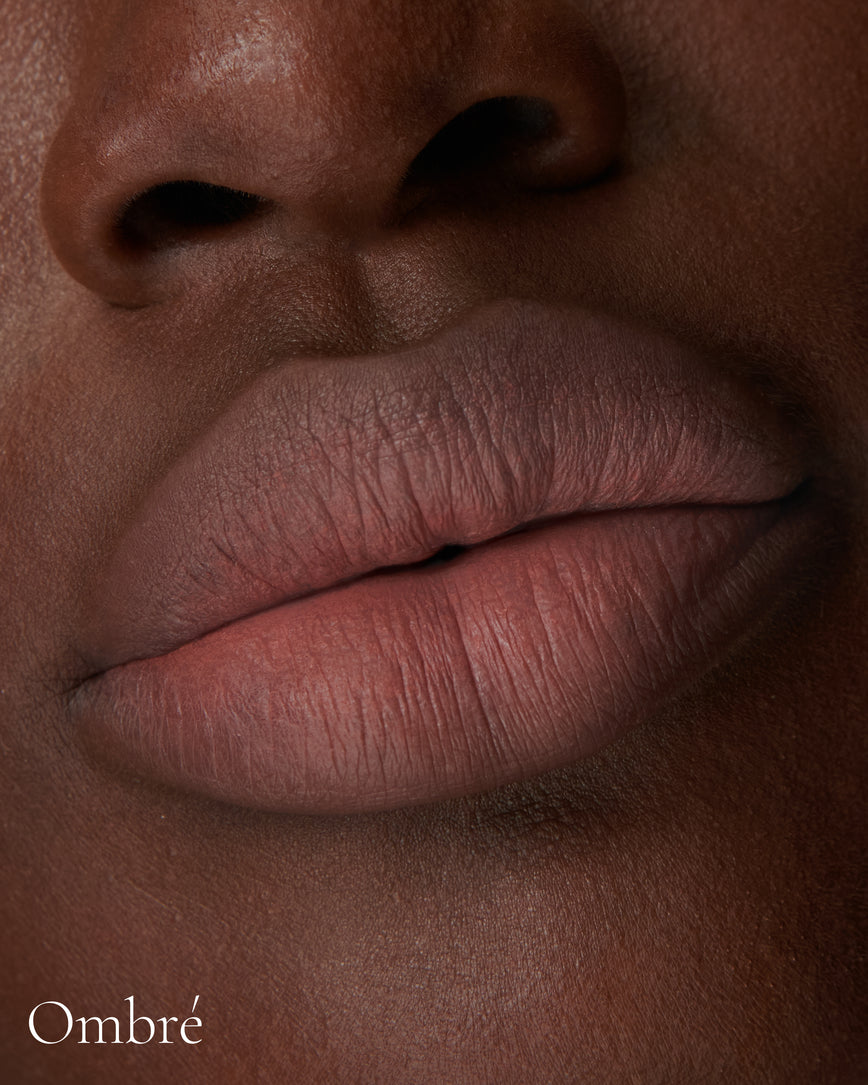 Lisa Eldridge Velveteen Liquid Lip Colour in Shade Fawn Pictured on Close Up Lips - with an ombre finish