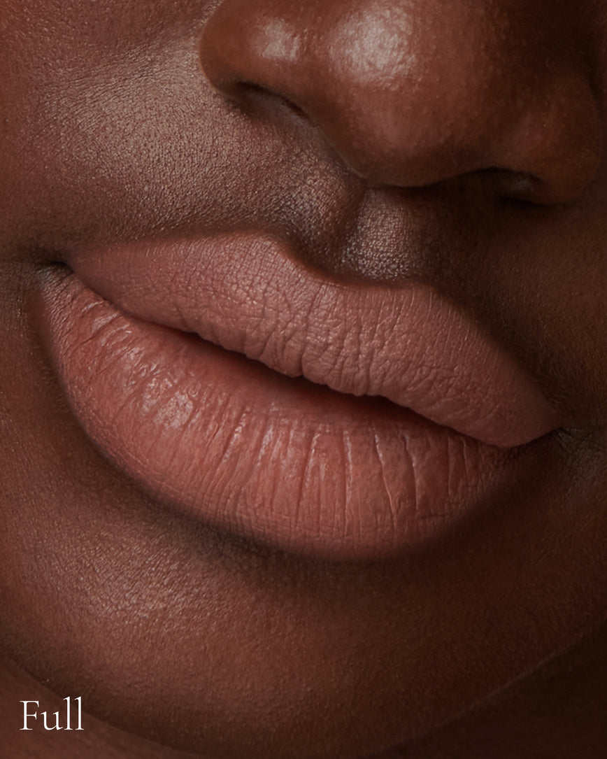 Lisa Eldridge Velveteen Liquid Lip Colour in Shade Fawn Pictured on Close Up Lips - with a full finish